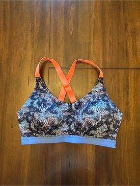 Victoria Sport Women’s Blue Graphic Sports Bra with Coral Straps 36C
